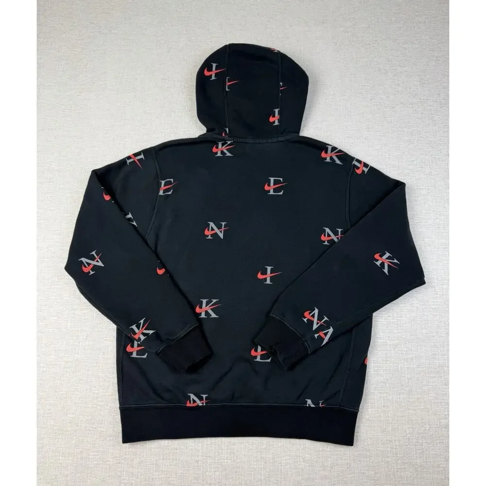 Nike All Over Logo Pullover Hoodie Black Men’s Small Fleece Swoosh Graphic